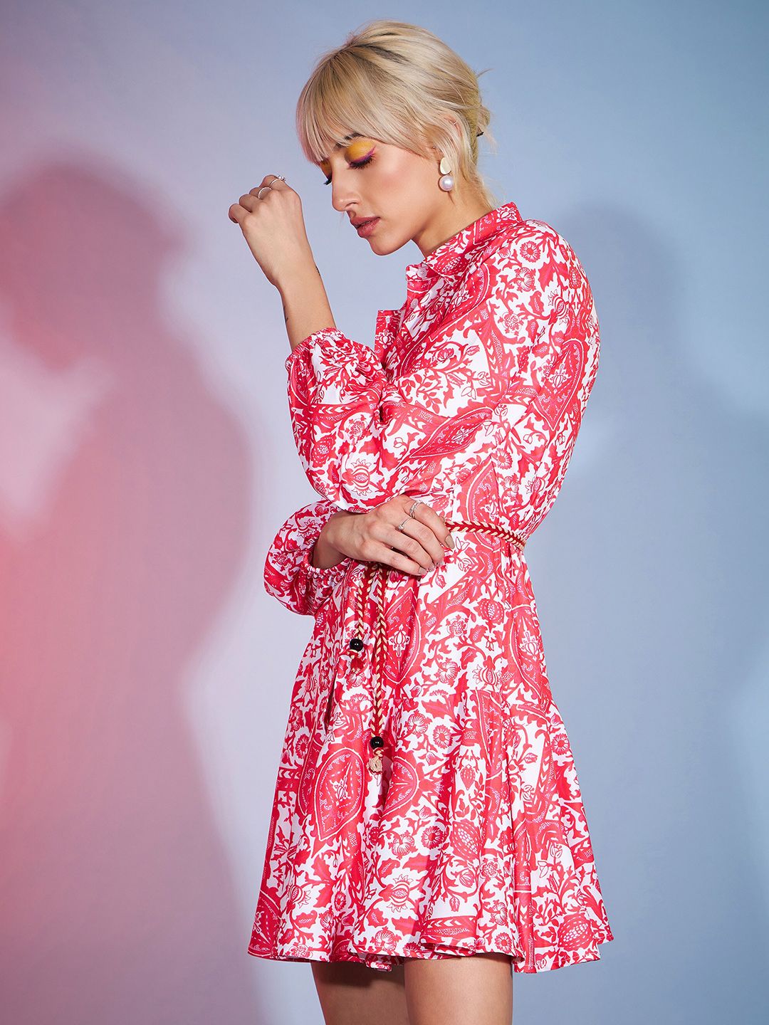 SASSAFRAS Shirt Collar Ethnic Motifs Printed Shirt Dress With Belt