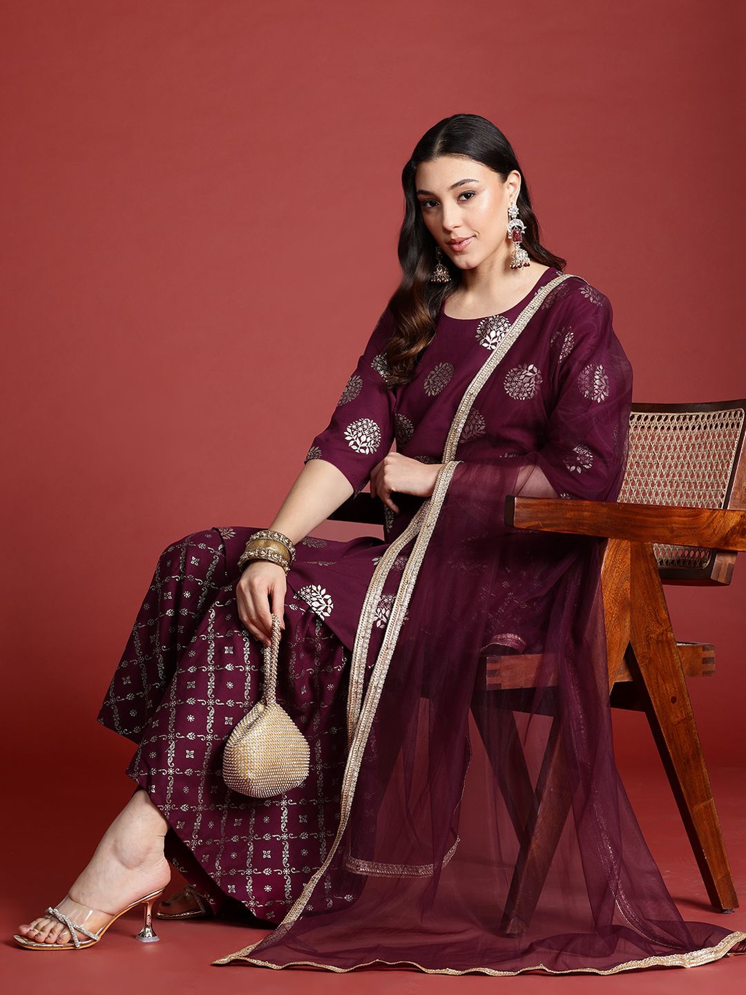 Anouk Tyohaar Foil Print Kurta with Sharara & Dupatta