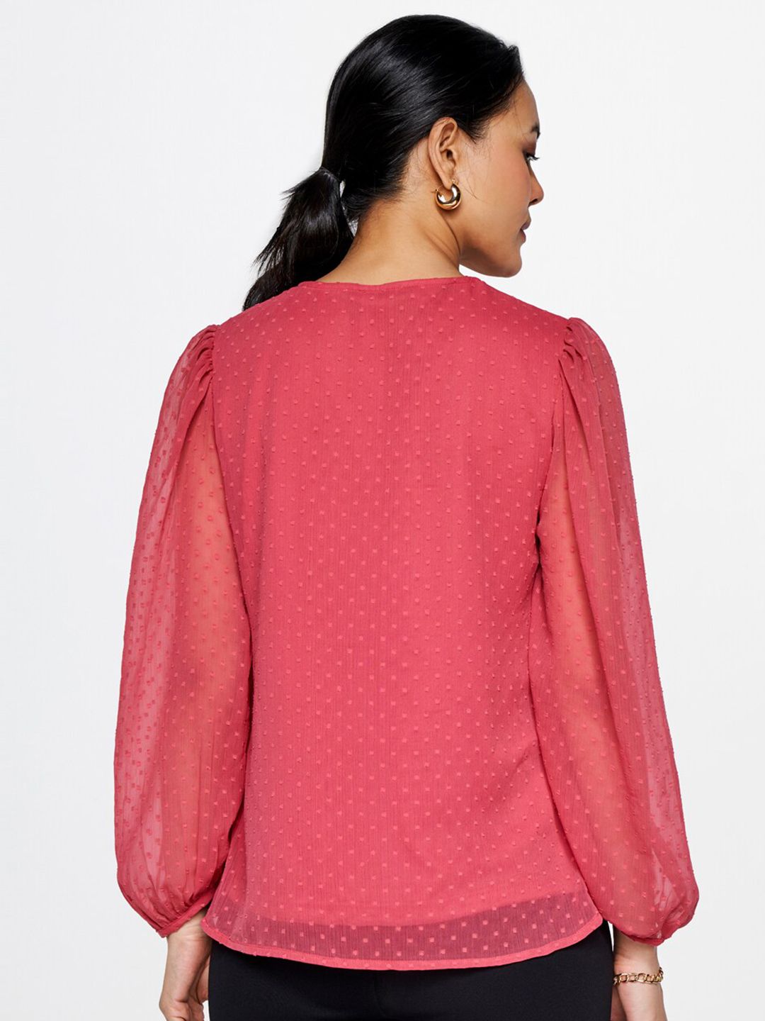 AND Self Design V-Neck Puff Sleeves Top