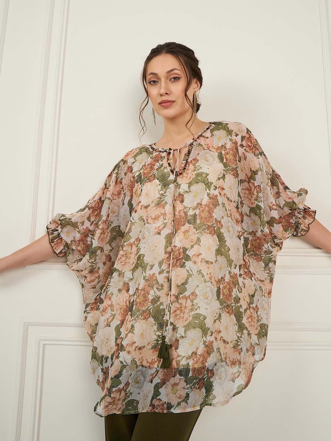 Antheaa Off White Floral Printed Tie Up Puff Sleeves Sequined Tunic With Trouser