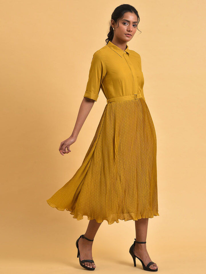 W Shirt Collar A-Line Midi Dress