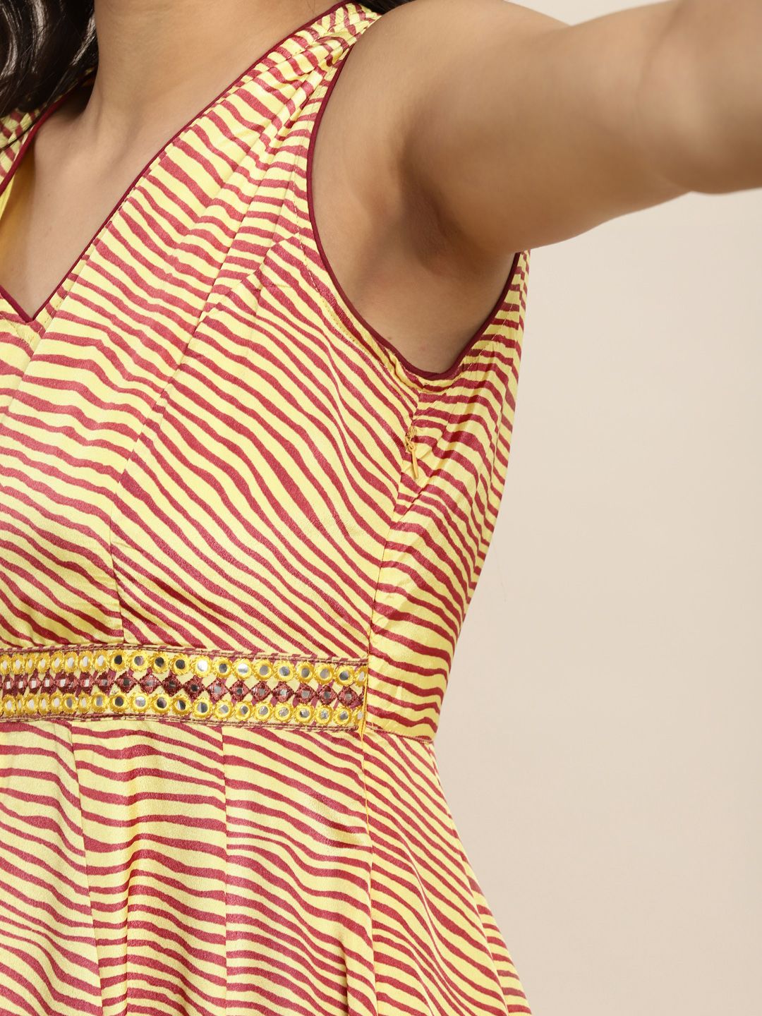 Shae by SASSAFRAS Mustard Yellow & Brown Lehariya High Low Crepe Anarkali Maxi Dress