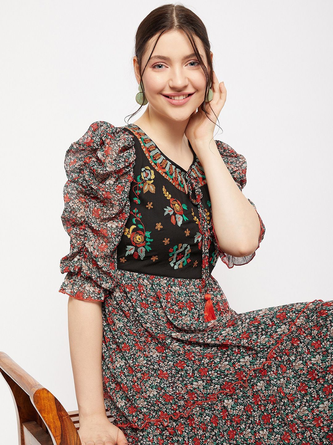 Antheaa Tie-Up Neck Floral Printed Embroidered Tiered Chiffon Fit & Flare Midi Dress
