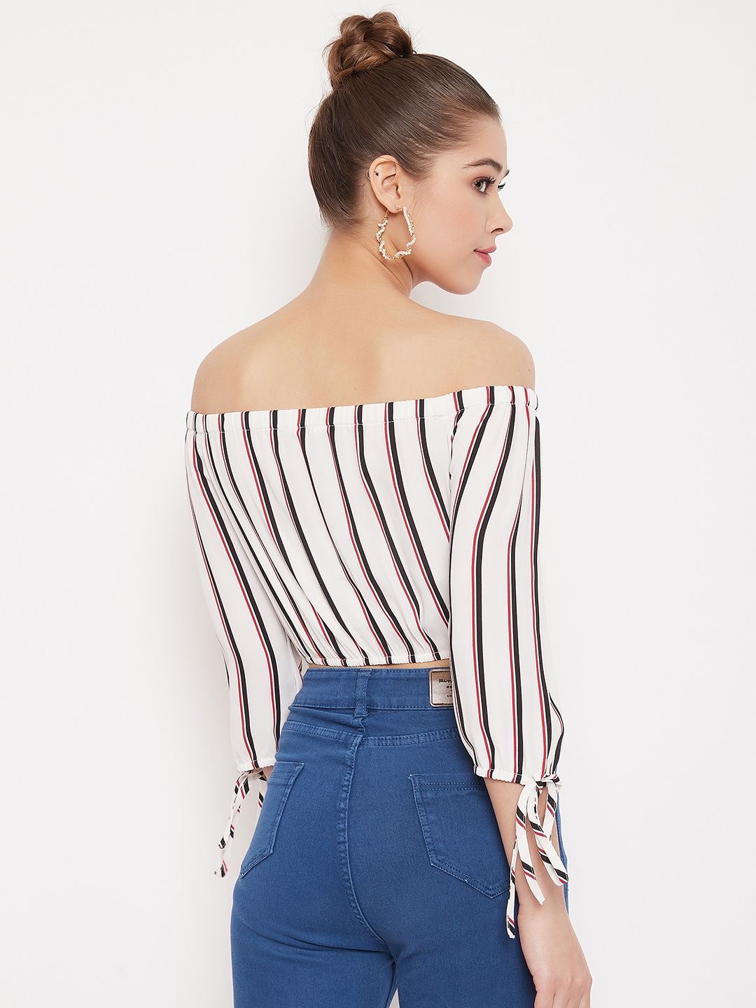 Berrylush Women White Striped Bardot Top