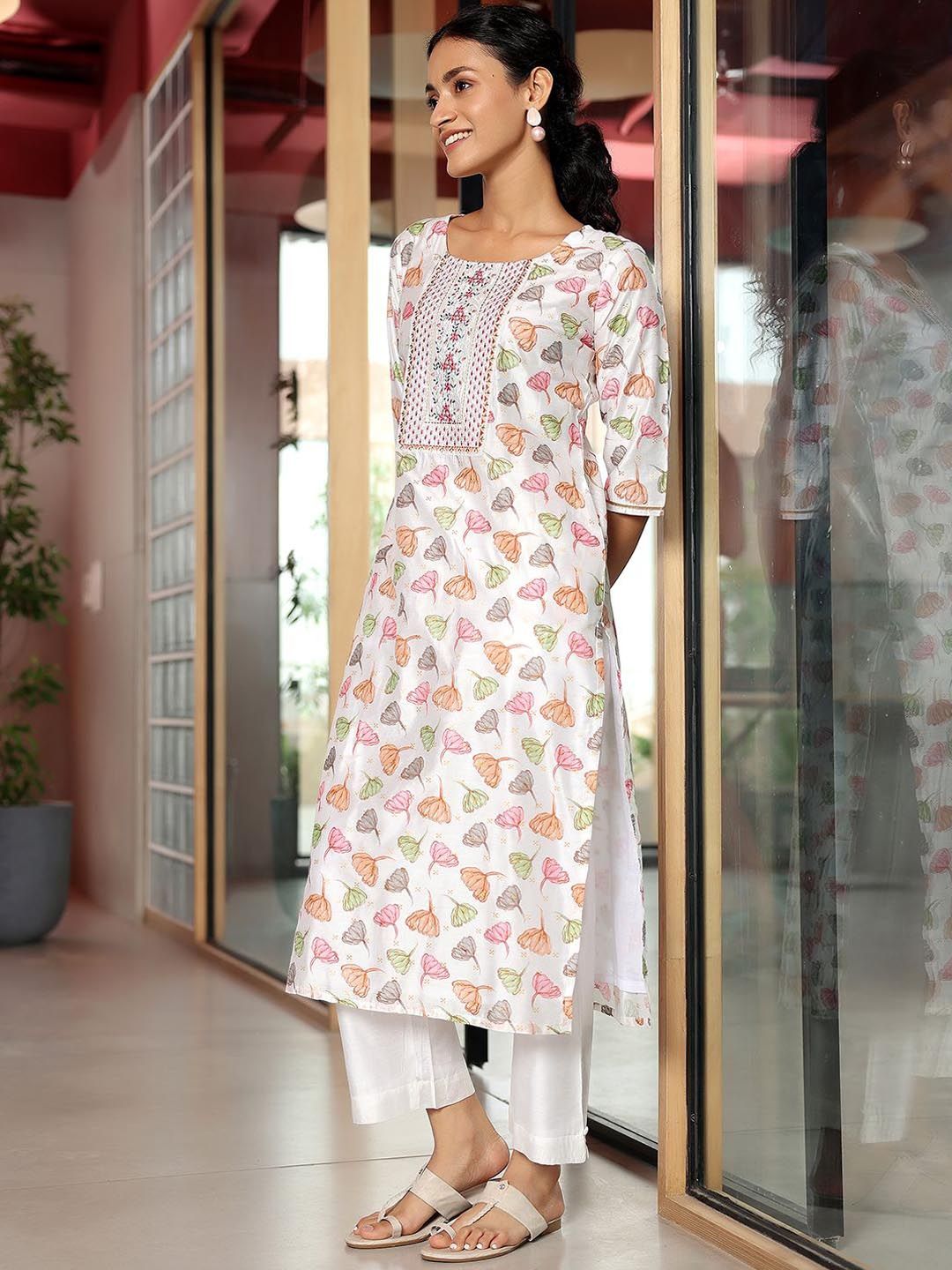 Libas Floral Printed Regular Thread Work A Line Kurta with Palazzos