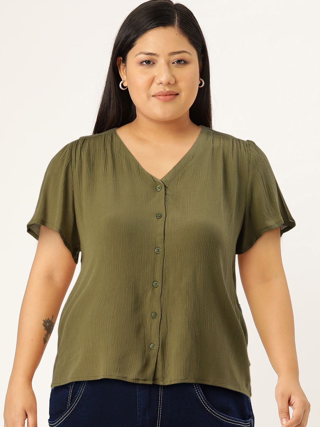 DressBerry Women Olive Green Crinkled Solid Top