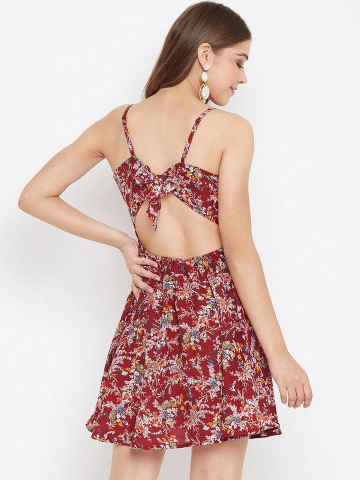 Berrylush Women Maroon Floral Printed Front Twist Knot Fit and Flare Dress