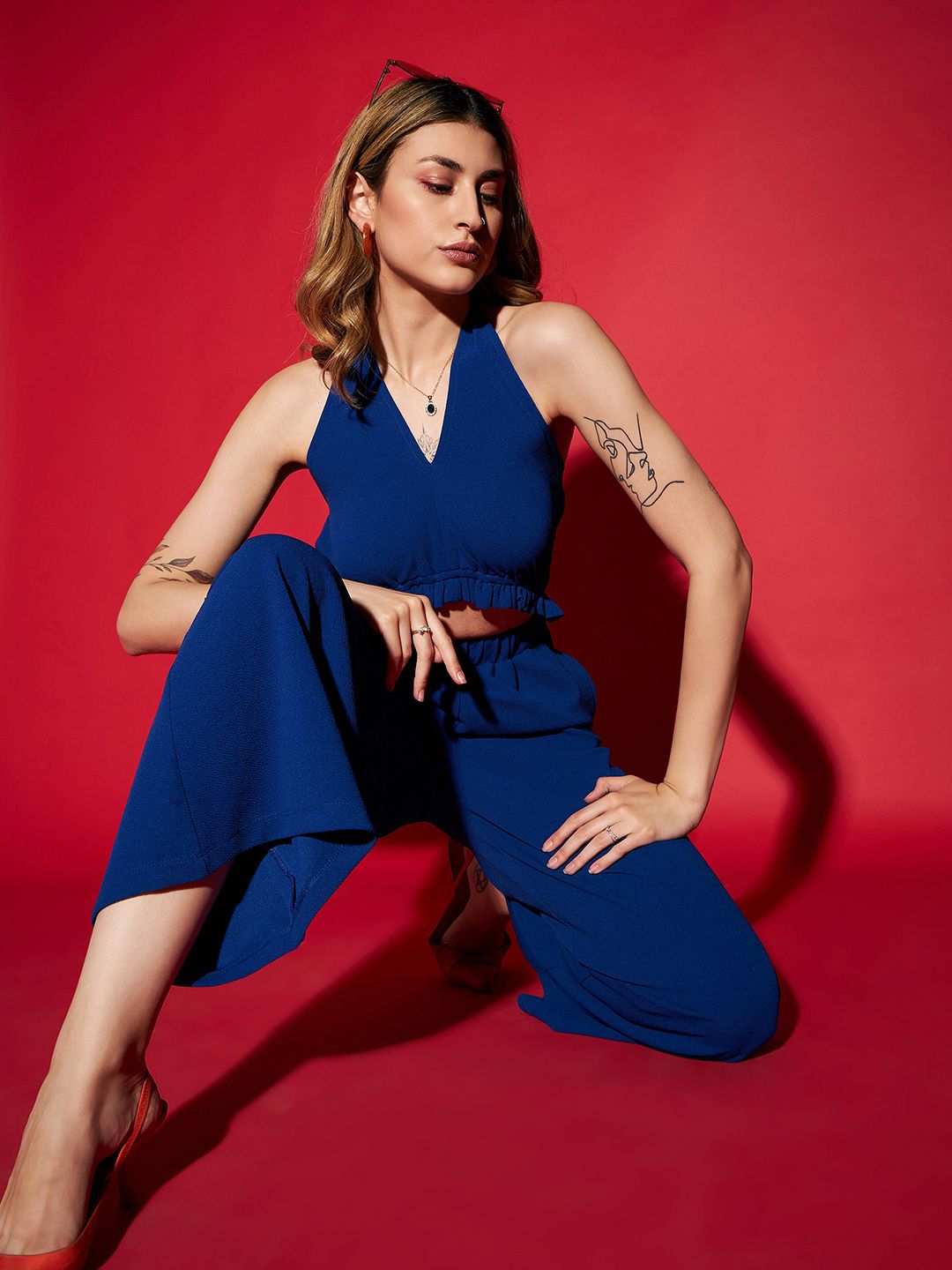 SASSAFRAS Navy Blue Halter Neck Basic Jumpsuit With Ruffles