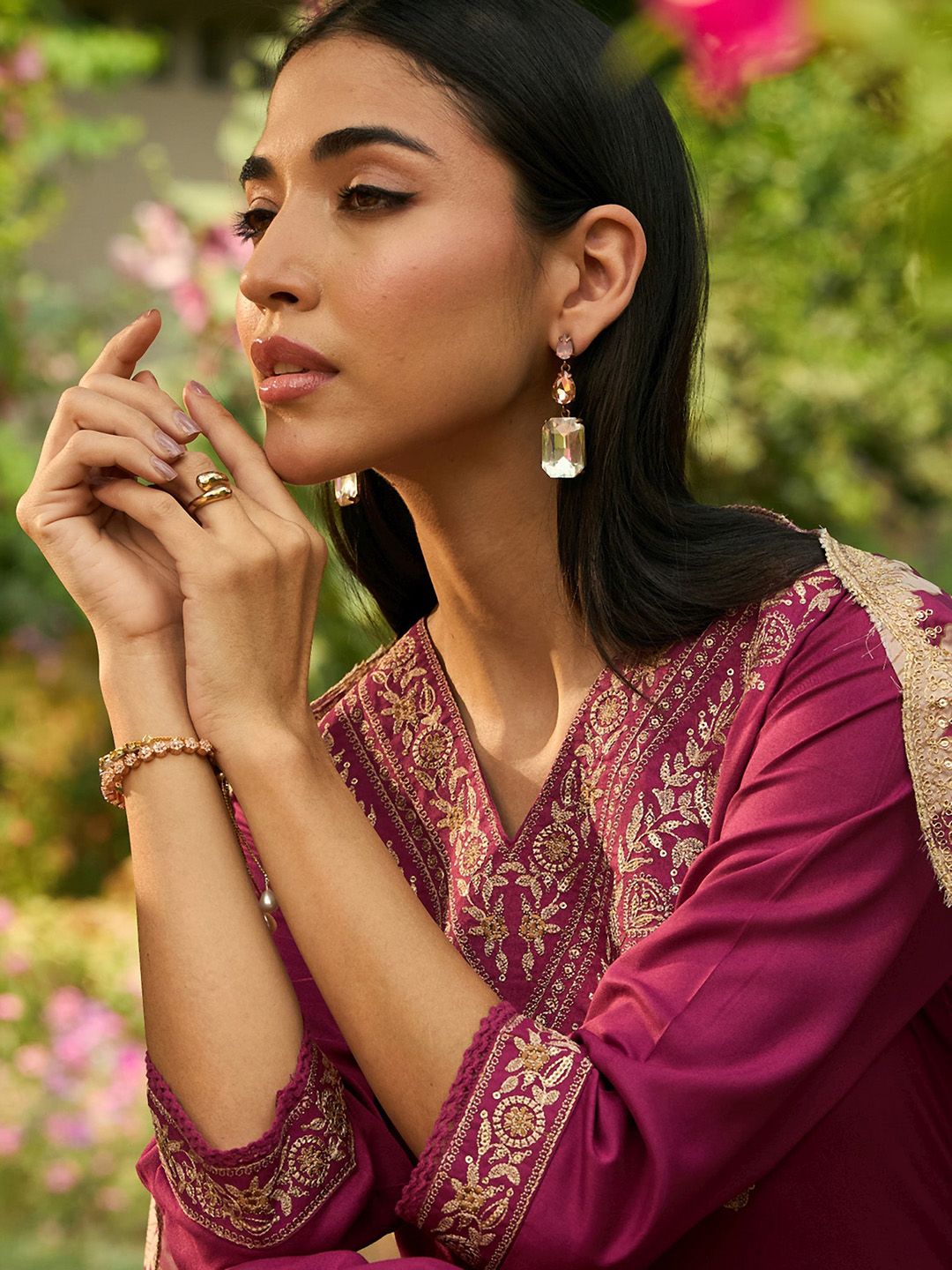 Indo Era Ethnic Motifs Embroidered V-Neck Thread Work Straight Kurta with Salwar & Dupatta