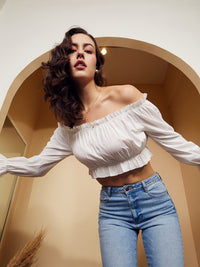 Berrylush White Off Shoulder Bell Sleeves Gathered Detail Crop Bardot Top
