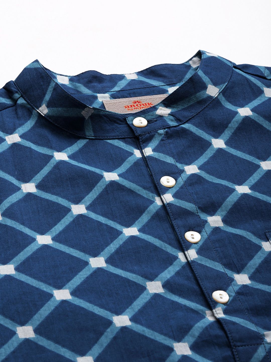 Anouk Men Pure Cotton Band Collar Checked Indigo Kurta