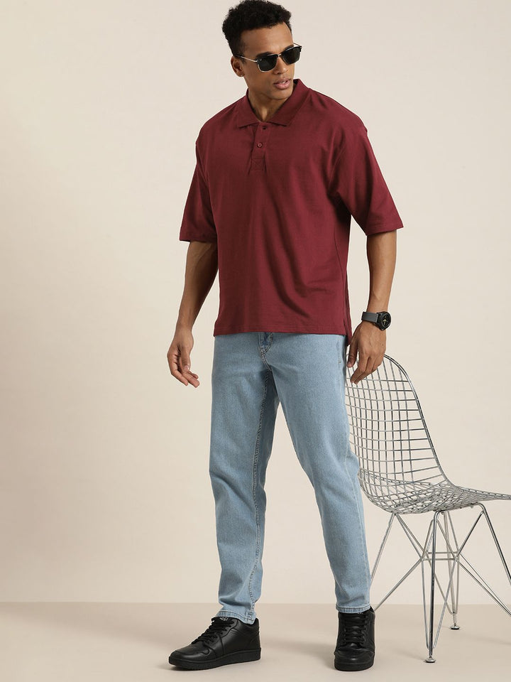 DILLINGER Men Solid Honeycomb Structure Oversized Pure Cotton Polo T-Shirt