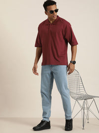 DILLINGER Men Solid Honeycomb Structure Oversized Pure Cotton Polo T-Shirt