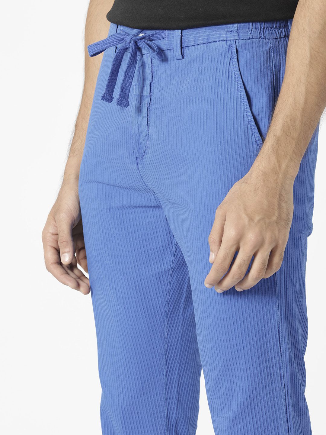 RARE RABBIT Men Monter Drawstring Striped Pure Cotton Slim Fit Mid Rise Trouser