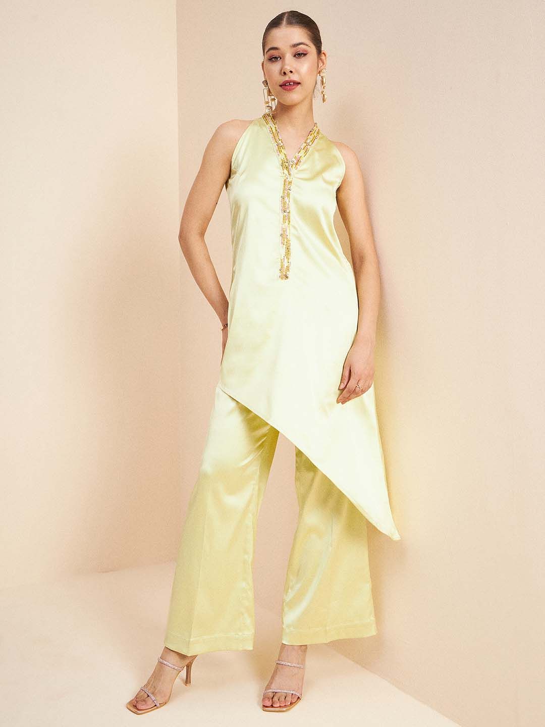 Antheaa Beads & Stones Asymmetrical Fusion Top With Palazzos