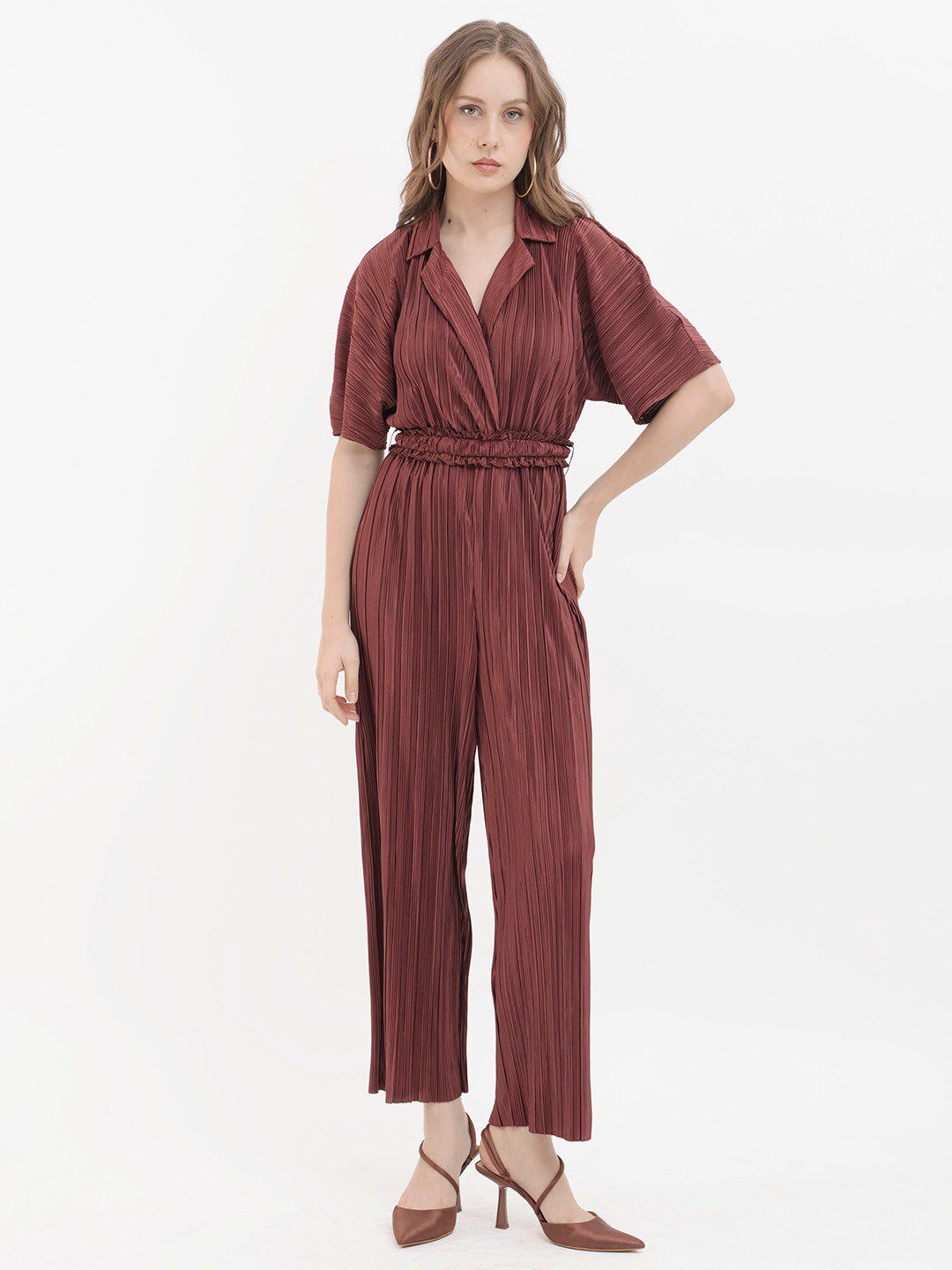 RAREISM Striped Notched Lapel Collar Basic Jumpsuit