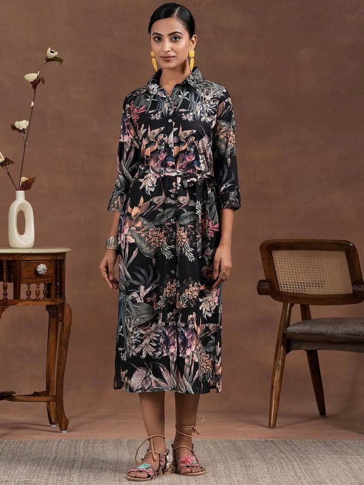 Libas Floral Printed Shirt Collar A-Line Dress With waistbelt