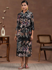 Libas Floral Printed Shirt Collar A-Line Dress With waistbelt