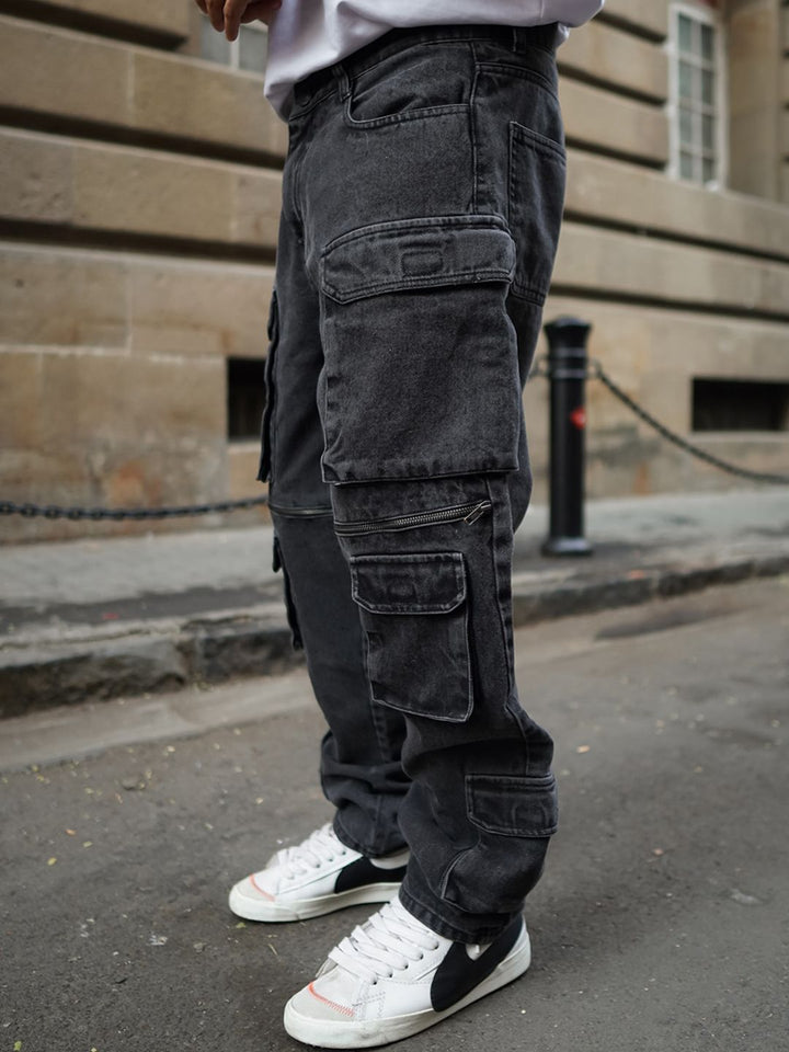 Powerlook Men Black Baggy Fit Clean Look Pure Cotton Cargo Jeans