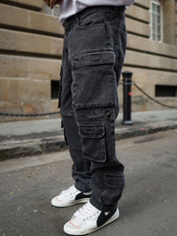 Powerlook Men Black Baggy Fit Clean Look Pure Cotton Cargo Jeans