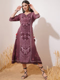 Vishudh Maroon Floral Printed Cotton A-Line Midi Dress