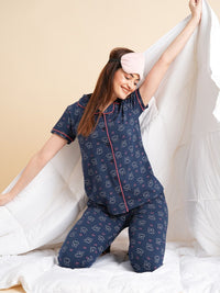 Sweet Dreams Navy Blue & White Conversational Printed Pure Cotton Night Suits