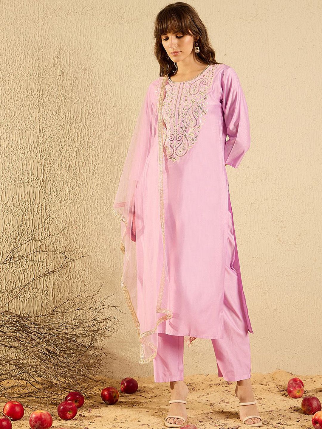 Indo Era Women Ethnic Motifs Embroidered Regular Thread Work Liva Kurta with Trousers & With Dupatta