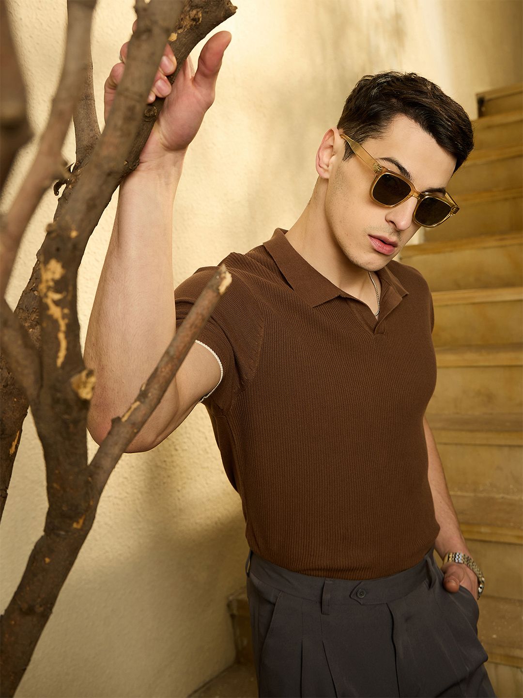 DENNISON Men Textured Polo Collar Knitted T-Shirt