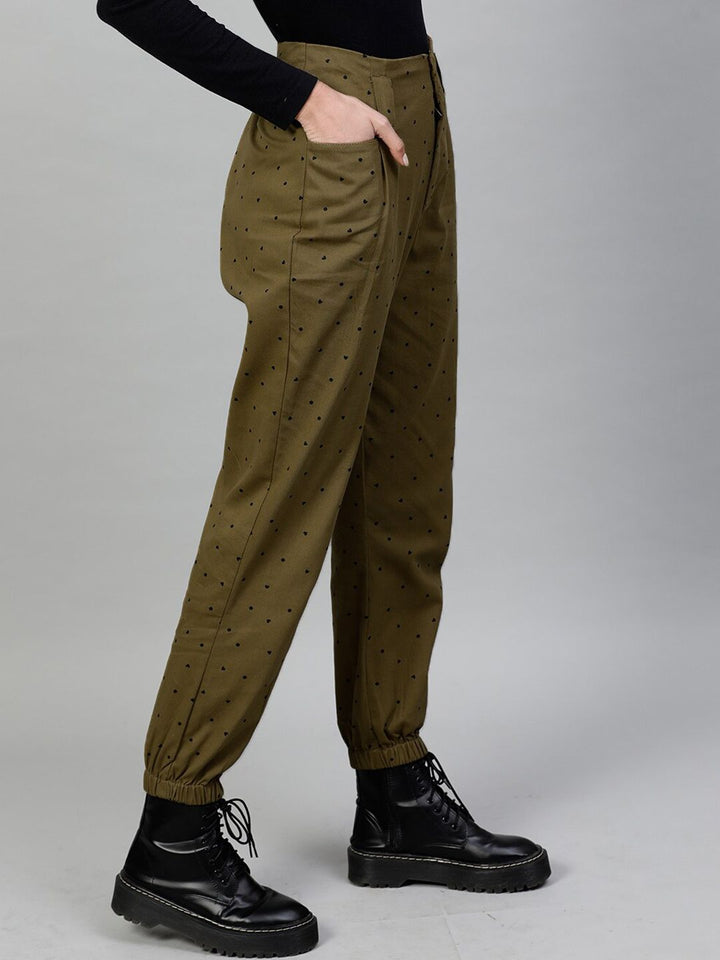 STREET 9 Women Olive Green & Black Regular Fit Printed Joggers