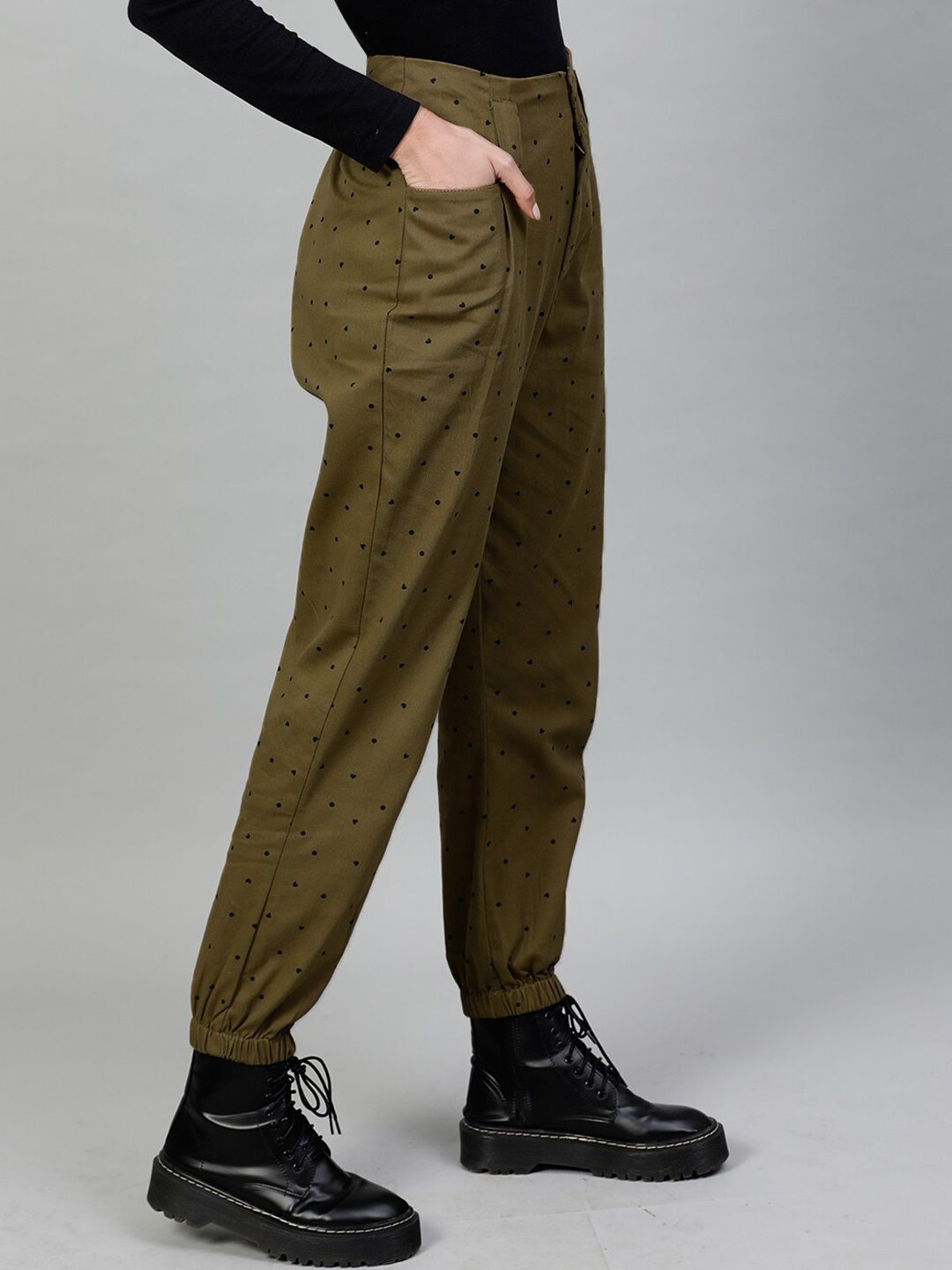 STREET 9 Women Olive Green & Black Regular Fit Printed Joggers