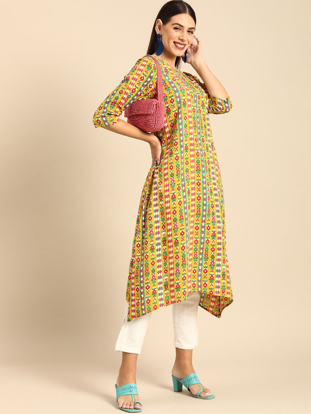 Anouk Women Mustard Yellow & Green Ethnic Motifs Printed A-Line Kurta