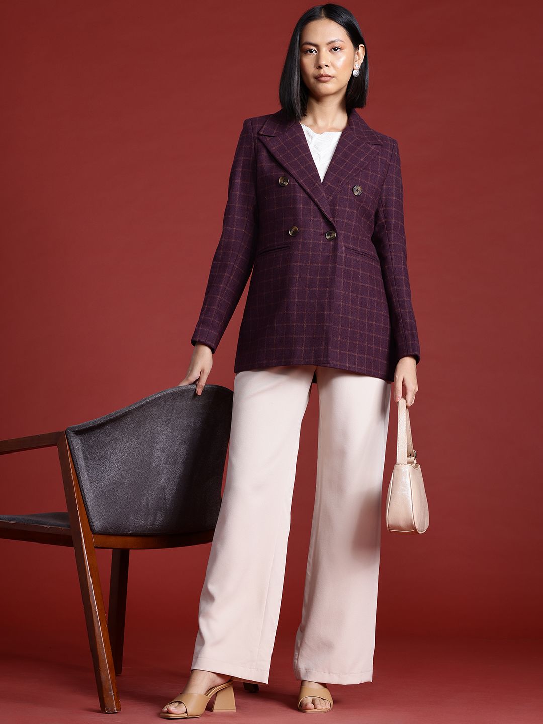 all about you Peak Lapel Checked Double-Breasted Blazer