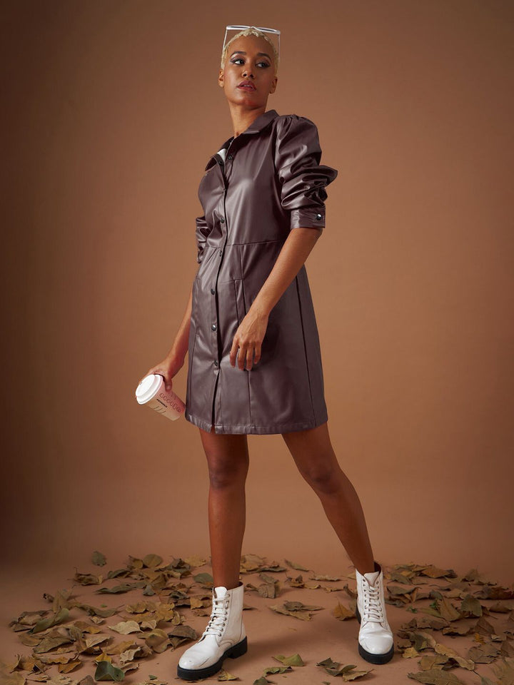 SASSAFRAS Brown Shirt Collar Cuffed Sleeves Shirt Dress