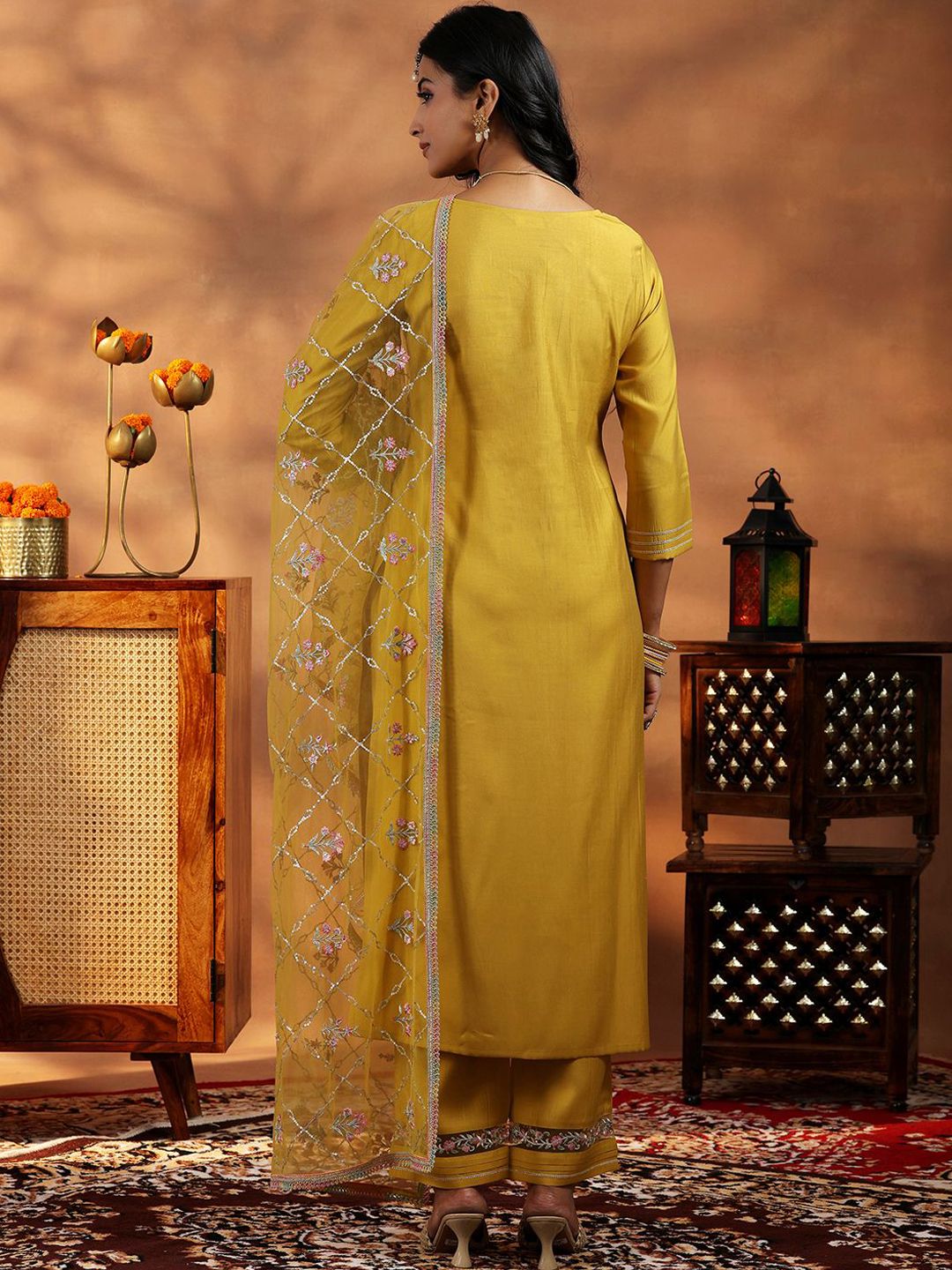 Libas Women Floral Yoke Design Regular Thread Work Kurta with Trousers & With Dupatta