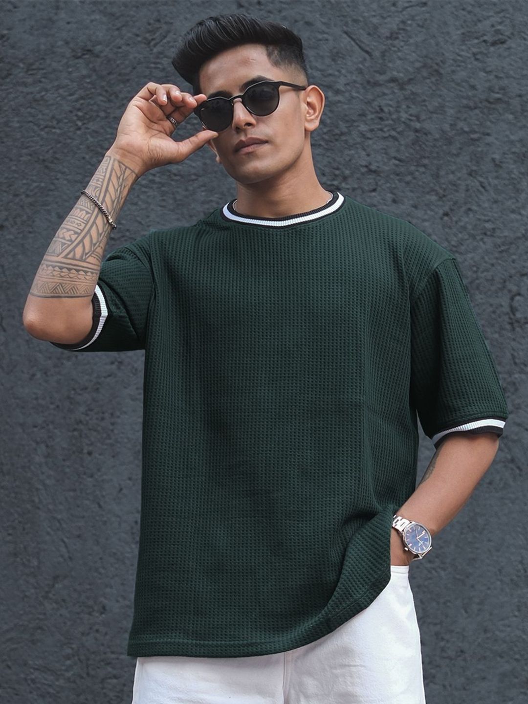 Powerlook Green Cotton Round Neck Oversized T-shirt