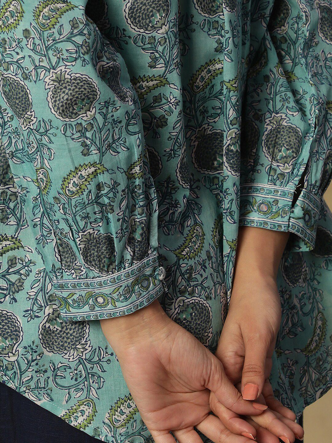 W Blue Floral Printed Mandarin Collar Shirt Style Cotton Top