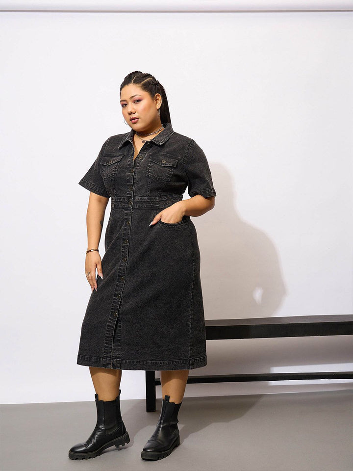 SASSAFRAS Curve Plus Size Shirt Collar Acid Wash Denim Shirt Midi Dress