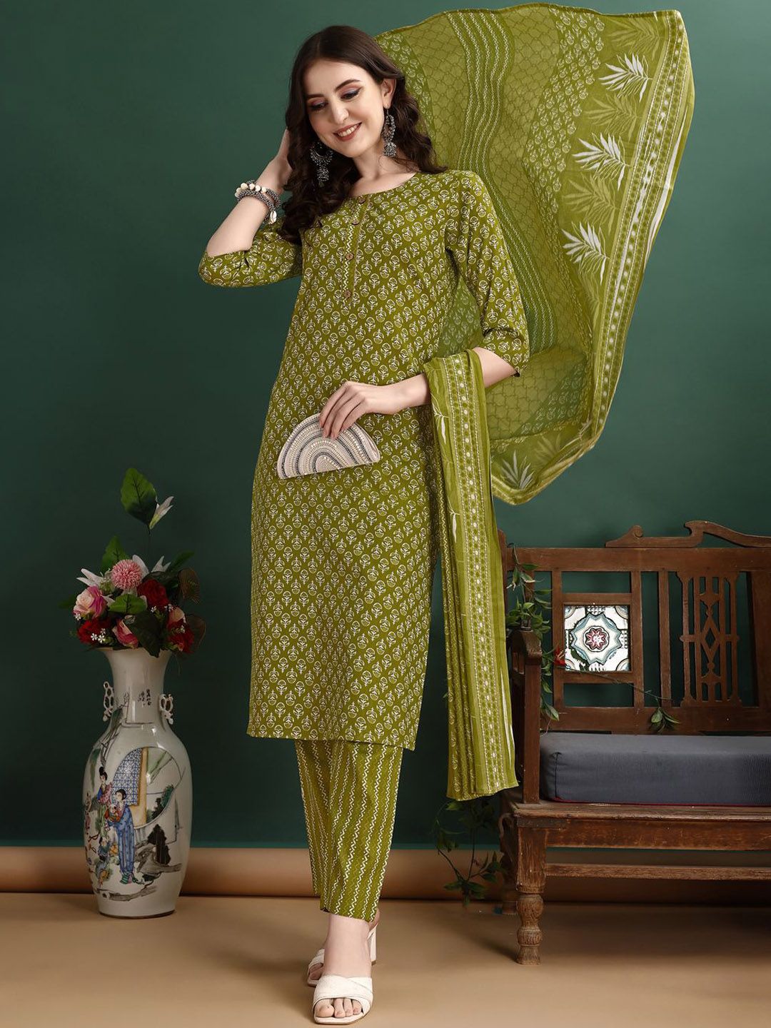 KALINI Women Ethnic Motifs Printed Regular Kurta with Trousers & Dupatta