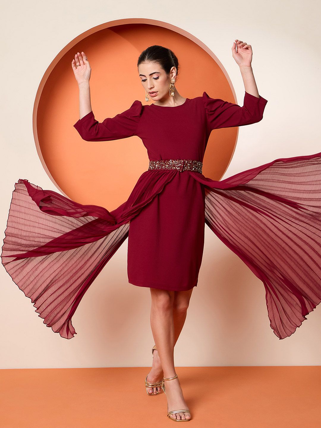 Antheaa Red Round Neck Puff Sleeves Sequinned A Line Dress