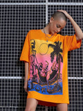 SASSAFRAS Orange Graphic Printed Drop Shoulder Pure Cotton Oversized T-Shirt Dress
