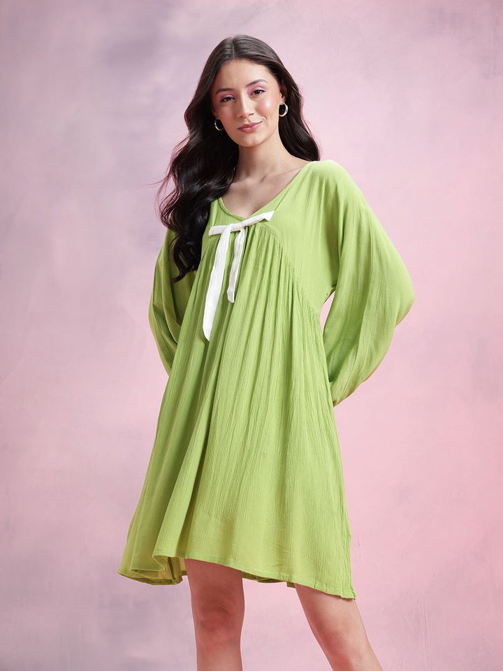 DressBerry Plisse Effect Bow-Detail V-Neck Extended Sleeves A-Line Dress