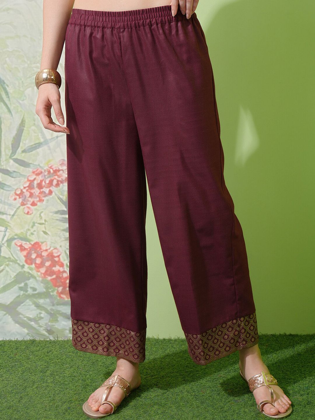 Vishudh Burgundy Floral Woven Design Straight Kurta With Palazzos & Dupatta