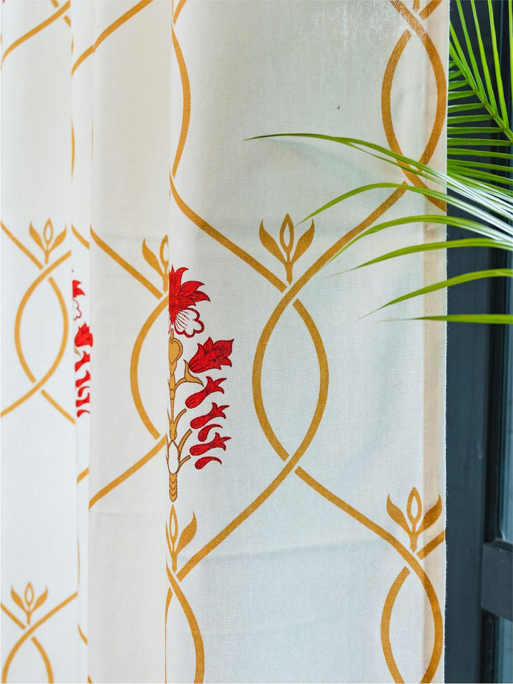 URBAN SPACE White & Red 2 Pieces Floral Cotton Window Curtains