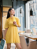 AND Yellow Self Design Tie-Up Neck Fit & Flare Dress
