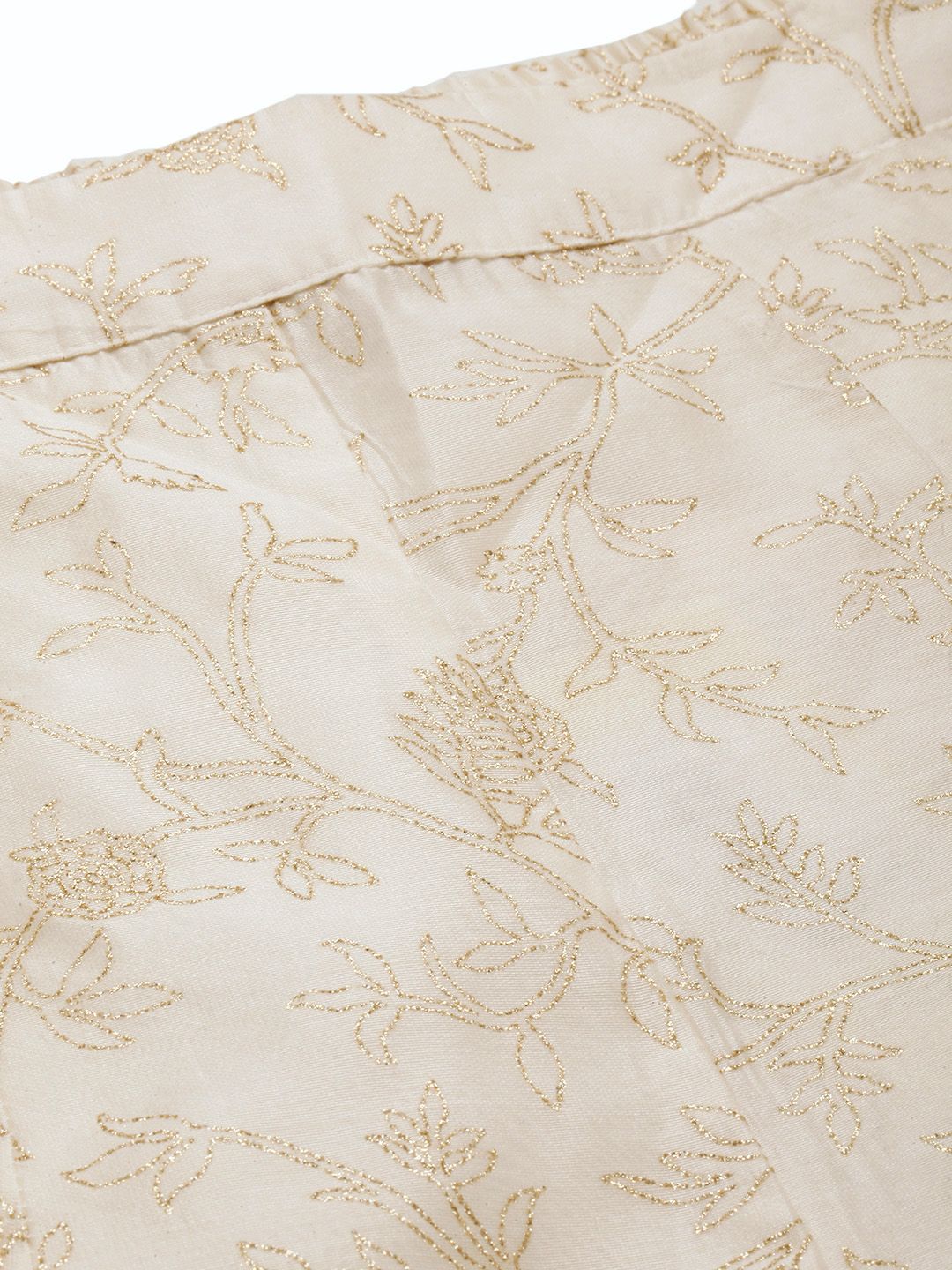 Global Desi Women White & Gold-Toned Floral Printed Flared Trousers