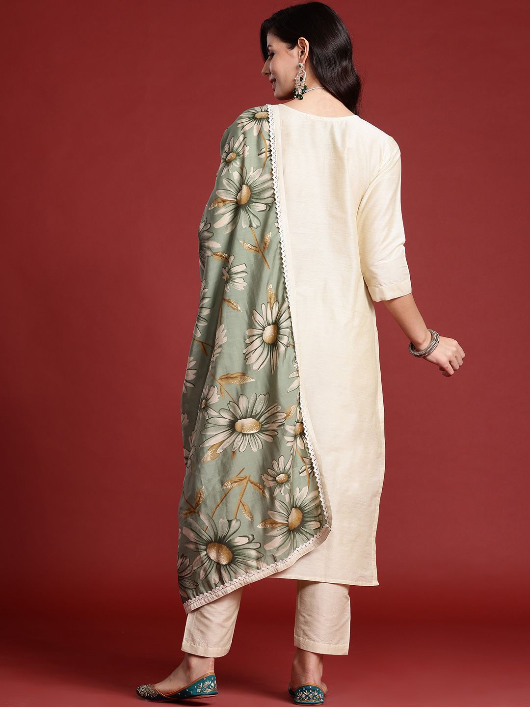 Indo Era Floral Embroidered Thread Work Kurta with Trousers & With Dupatta