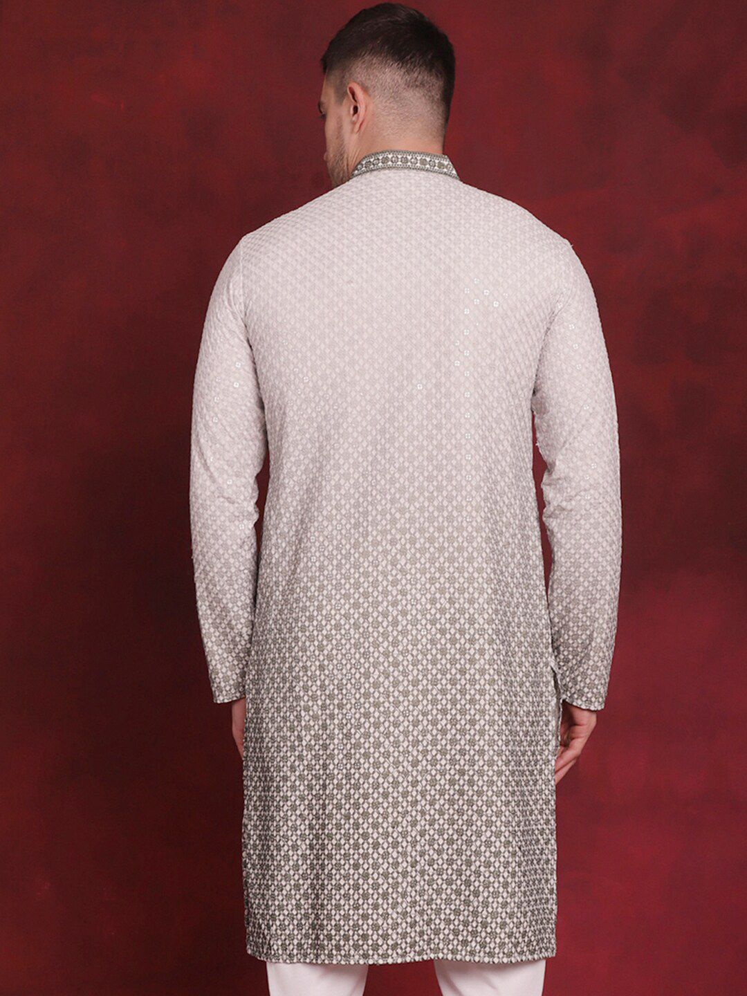 Jompers Geometric Embroidered Mandarin Collar Sequinned Straight Kurta