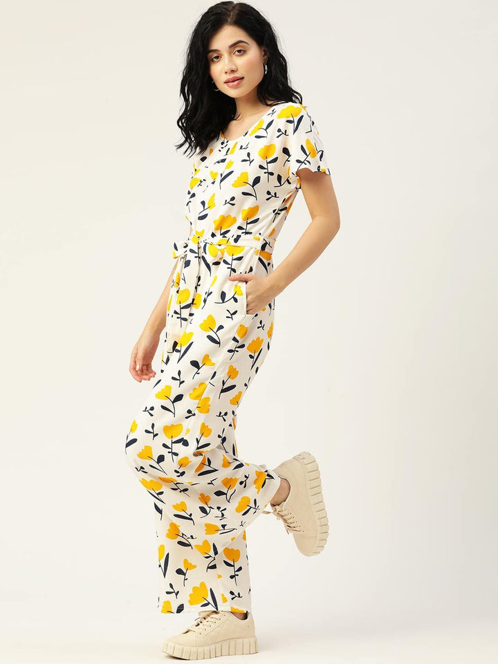 DressBerry Women White & Yellow Floral Printed Basic Jumpsuit