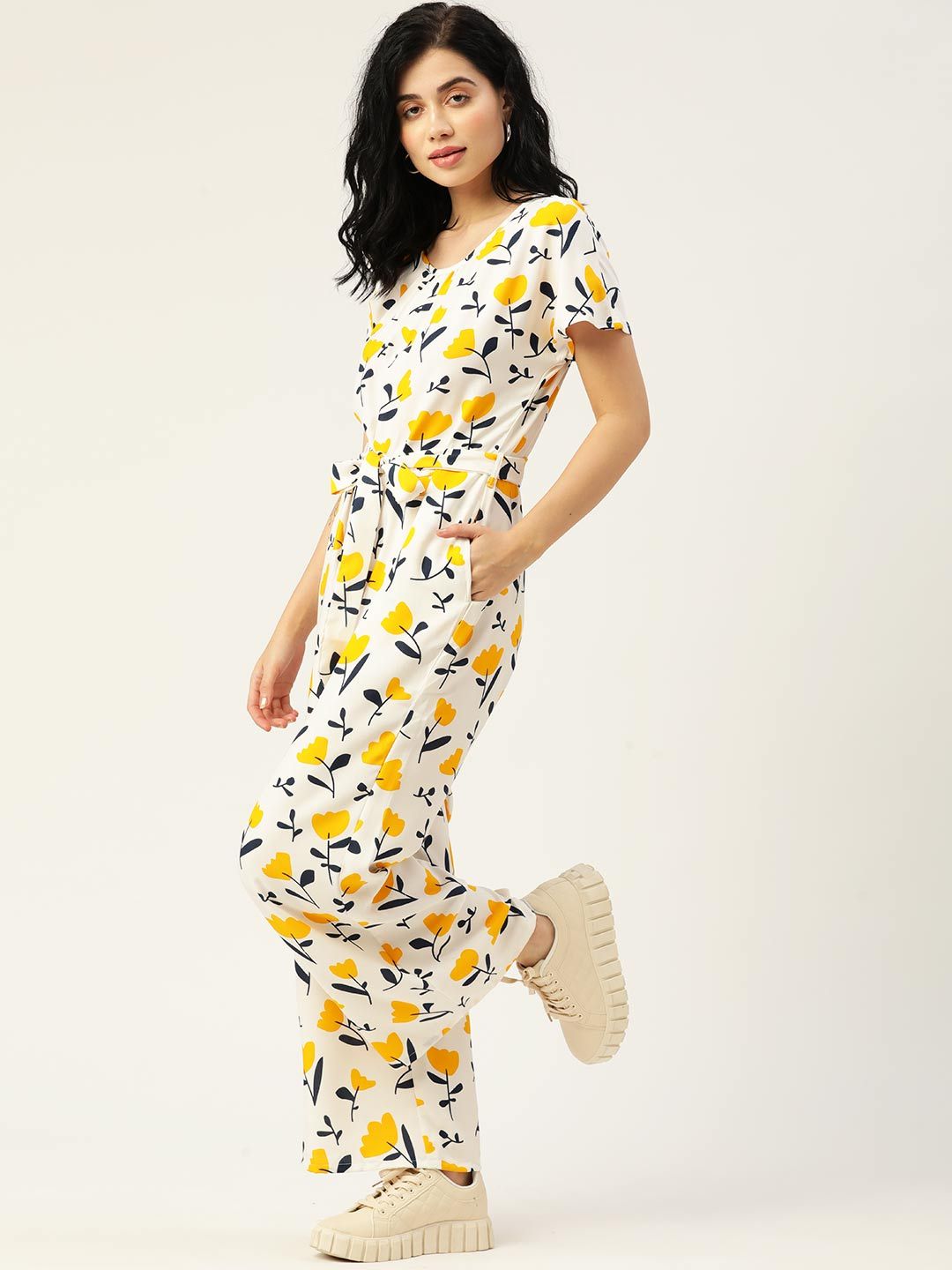 DressBerry Women White & Yellow Floral Printed Basic Jumpsuit