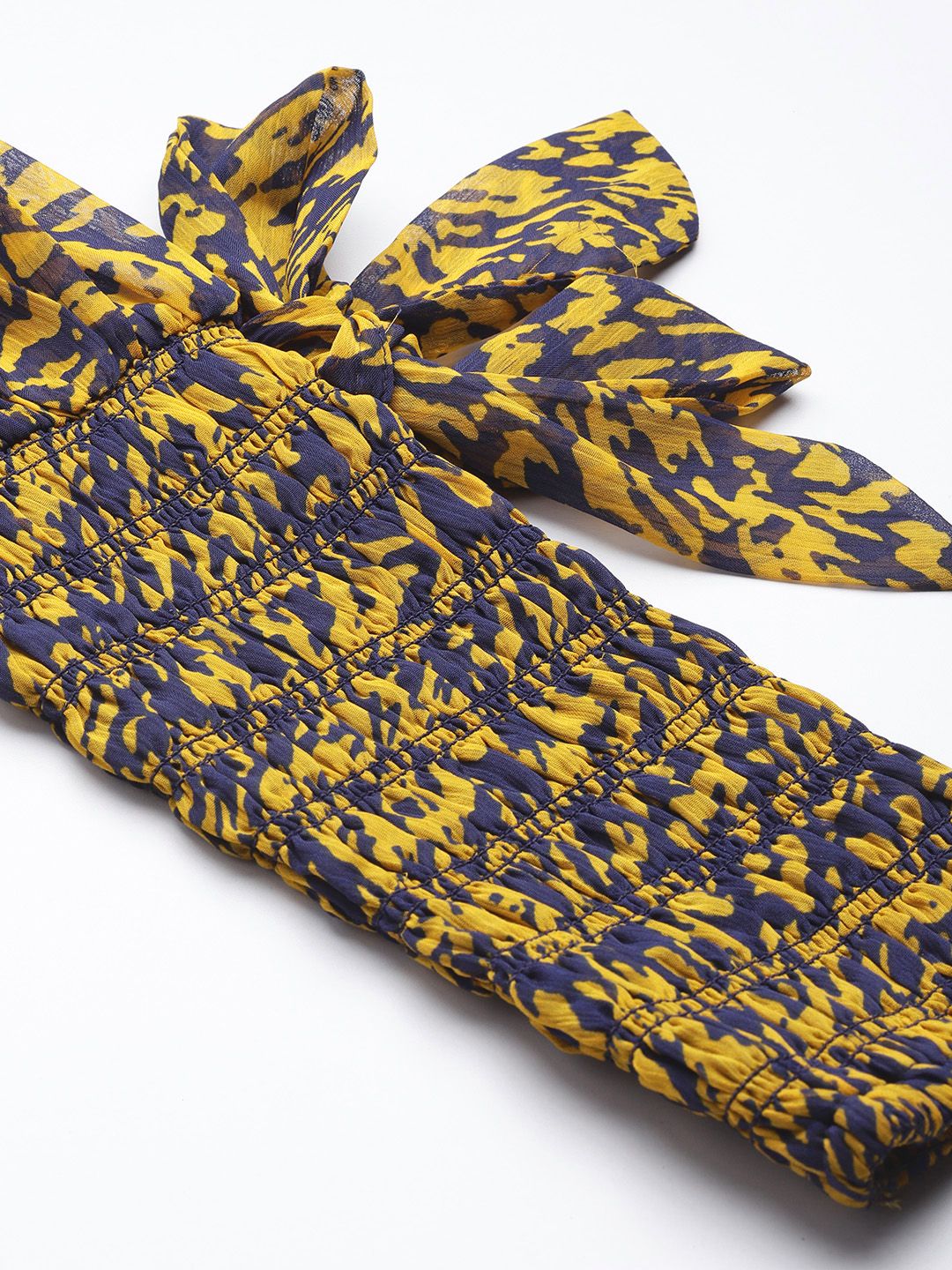 Antheaa Women Navy Blue & Mustard Yellow Abstract Print Bishop Sleeves Smocked Crop Top